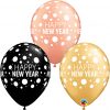 11" / 28cm 6szt Happy New Year Dots Asst of Gold, Onyx Black, Rose Gold Qualatex #16486