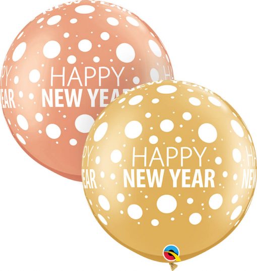 30" / 76cm Happy New Year Dots-A-Round Asst of Gold, Rose Gold Qualatex #80680-1